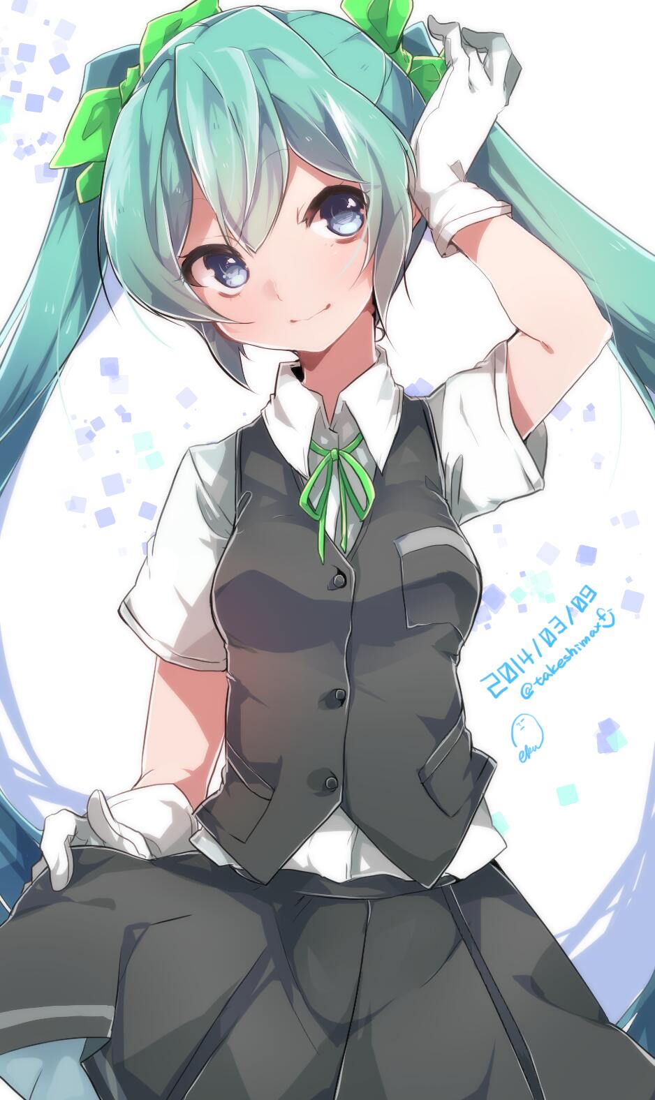 10s, 1girl, 2014, aqua_hair, blue_eyes, cosplay, female_focus, gloves