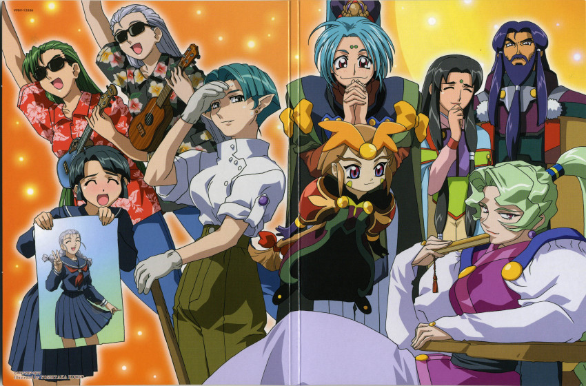 1990s_(style), 3boys, 6+girls, :d, ^_^, absurdres, age_difference, aqua_hair, arm_up, beard, black_hair, blue_eyes, blue_hair, blunt_bangs, blush, bow, braid, breasts, bridal_gauntlets, brown_hair, child, closed_eyes, crease, curtsey, dress, earrings, facial_hair, facial_mark, floral_print, folding_fan, forehead_mark, gloves, green_hair, grey_hair, hair_bow, hair_ornament, hand_fan, hand_to_own_mouth, hawaiian_shirt, highres, holding, holding_instrument, holding_ukulele, instrument, jewelry, kamiki_noike_jurai, kamiki_seto_jurai, kouno_yoshitaka, light_particles, lipstick, long_hair, long_sleeves, looking_at_another, looking_at_viewer, low-tied_long_hair, makeup, masaki_airi, masaki_azusa_jurai, masaki_funaho_jurai, masaki_kiyone, masaki_misaki_jurai, masaki_reia, masaki_tennyo, multiple_boys, multiple_girls, necktie, obi, official_art, open_mouth, outline, own_hands_clasped, own_hands_together, pants, photo_(object), pleated_skirt, pointy_ears, ponytail, red_eyes, retro_artstyle, sash, scan, school_uniform, scrunchie, serafuku, shading_eyes, shirt, short_sleeves, sidelocks, sitting, skirt, smile, standing, sunglasses, table, tenchi_muyou!, tokimi, twin_braids, ukulele, v, very_long_hair, wavy_hair