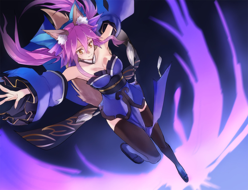 10s, 1girl, animal_ears, bare_shoulders, blue_thighhighs, bow, breasts, cleavage, detached_sleeves, fate/extra, fate_(series), female_focus, fox_ears, fox_tail, hair_bow, hair_ribbon, japanese_clothes, nanasi69, obi, pink_hair, ribbon, sash, solo, tail, tamamo_no_mae_(fate), thighhighs, twintails, yellow_eyes
