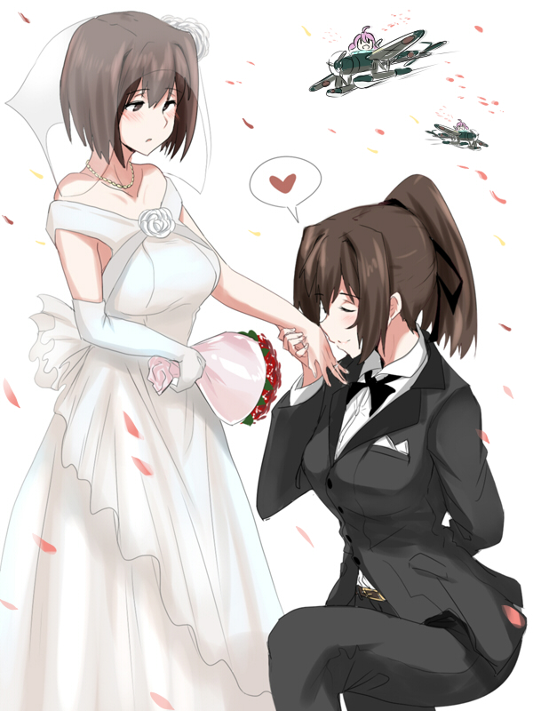 10s, 2girls, aircraft, airplane, blush, bouquet, bride, brown_eyes, brown_hair, dress, elbow_gloves, fairy_(kancolle), flower, formal_clothes, gloves, groom, heart, hyuuga_(kancolle), ise_(kancolle), kantai_collection, kiss_on_hand, kissing_hand, multiple_girls, pant_suit, pants, personification, ponytail, short_hair, speech_bubble, spoken_heart, suit, ulrich_(tagaragakuin), unworn_gloves, wedding_dress, wife_and_wife, yuri, zuiun_(kancolle)