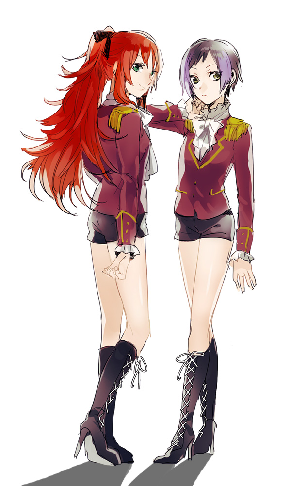 2girls, bad_id, bad_pixiv_id, black_hair, boots, epaulettes, green_eyes, high_heels