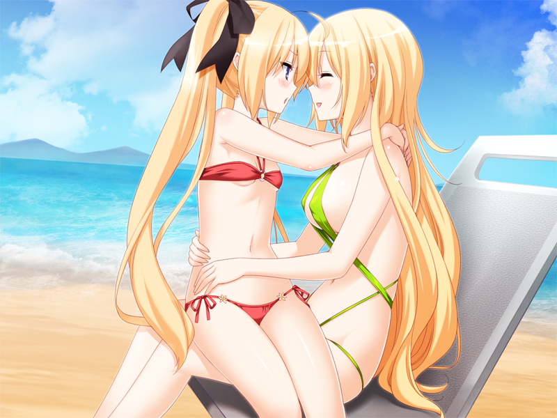 2girls, age_difference, beach, bikini, blonde_hair, blue_eyes, blush, cloud, eye_contact, closed_eyes, houraisen_rena, houraisen_runa, kani_biimu, long_hair, looking_at_another, multiple_girls, siblings, side-tie_bikini_bottom, sisters, sky, slingshot_swimsuit, sono_hanabira_ni_kuchizuke_wo, swimsuit, twintails, yuri