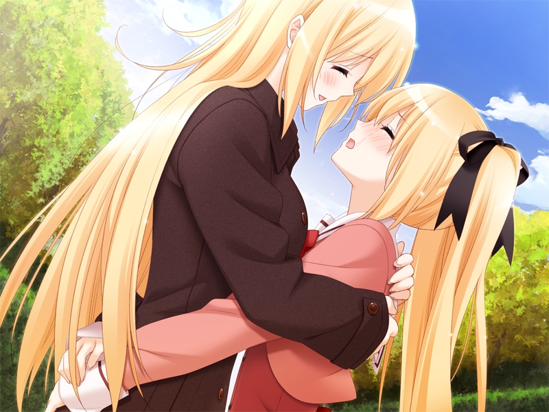 2girls, age_difference, blonde_hair, blue_eyes, closed_eyes, houraisen_rena, houraisen_runa, kani_biimu