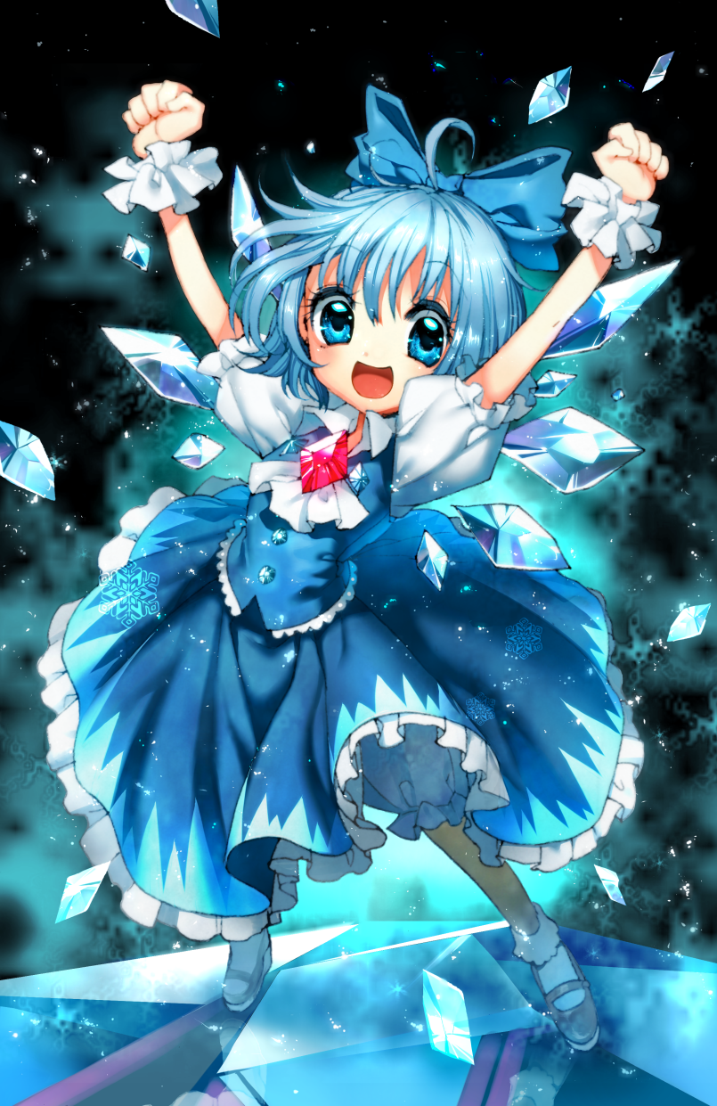 1girl, ahoge, arms_up, bad_id, bad_pixiv_id, blue_dress, blue_eyes, blue_hair, blue_theme, cirno, clenched_hands, dress, female_focus, happy, highres, ice, ice_wings, icicle_fall, matching_hair/eyes, open_mouth, puffy_short_sleeves, puffy_sleeves, raised_fists, short_hair, short_sleeves, smile, solo, touhou, wadani_hitonori, wings, wrist_cuffs
