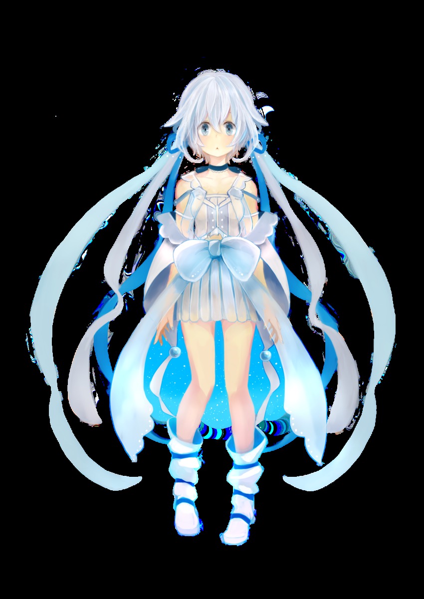 1girl, blue_eyes, boots, bow, female_focus, hair_bow, highres, koneko_mari, long_hair, looking_at_viewer, nail_polish, papico_(character), profile, silver_hair, simple_background, sleeveless, solo, twintails