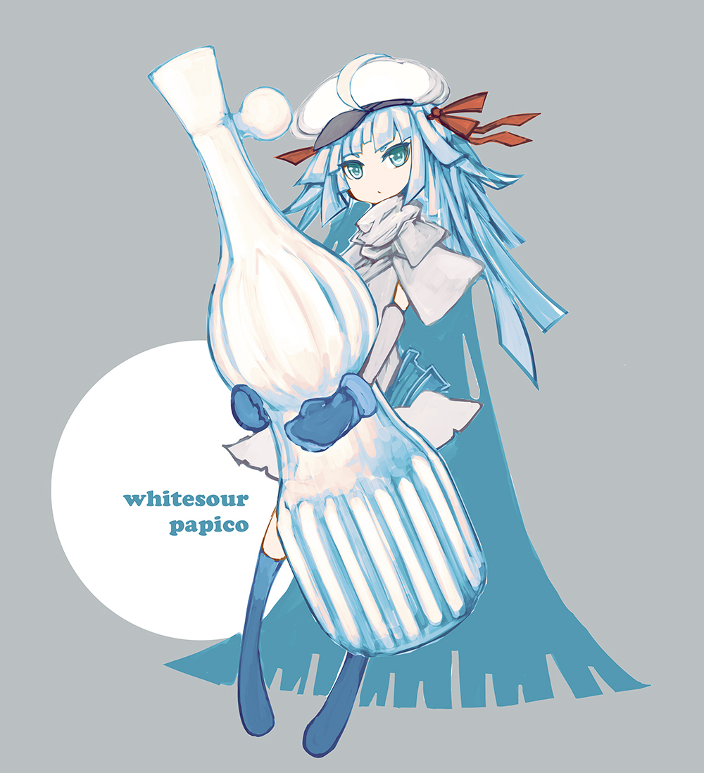 1girl, ahoge, blue_eyes, blue_hair, bottle, female_focus, gloves, grey_background