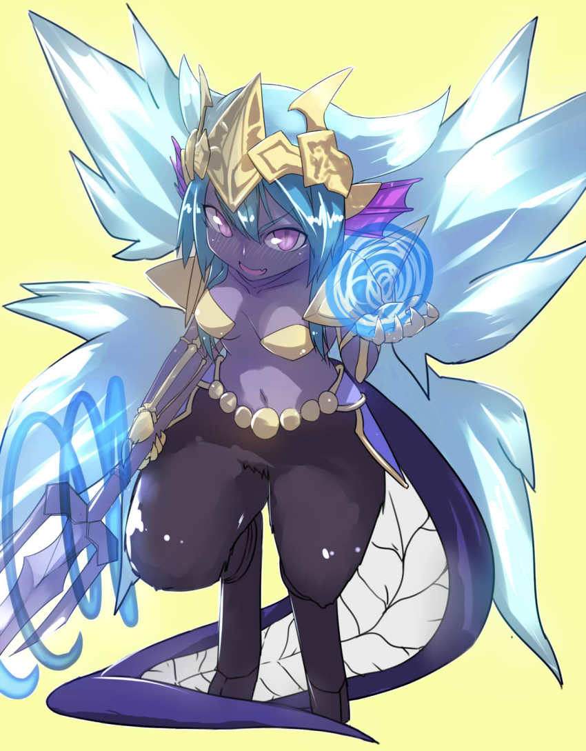 >:d, 1girl, :d, armor, blue_hair, blush, breasts, claws