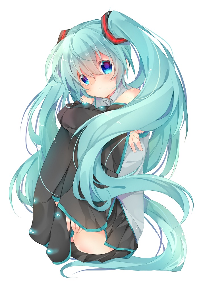 1girl, aqua_eyes, aqua_hair, bad_id, bad_pixiv_id, female_focus, hatsune_miku, hugging_own_legs