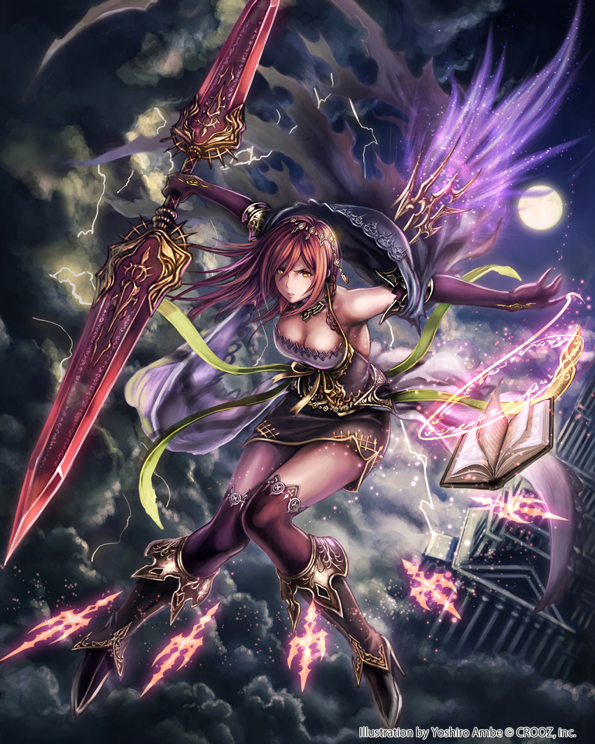 1girl, anbe_yoshirou, black_thighhighs, book, breasts, cleavage, cloud, double_blade, dress, dual_blades, elbow_gloves, female_focus, flying, gloves, highres, jewelry, lightning, magic, magic_circle, medium_breasts, moon, necklace, night, open_book, original, polearm, red_hair, shinma_x_keishou!_ragnabreak, sky, solo, sword, thighhighs, weapon, yellow_eyes