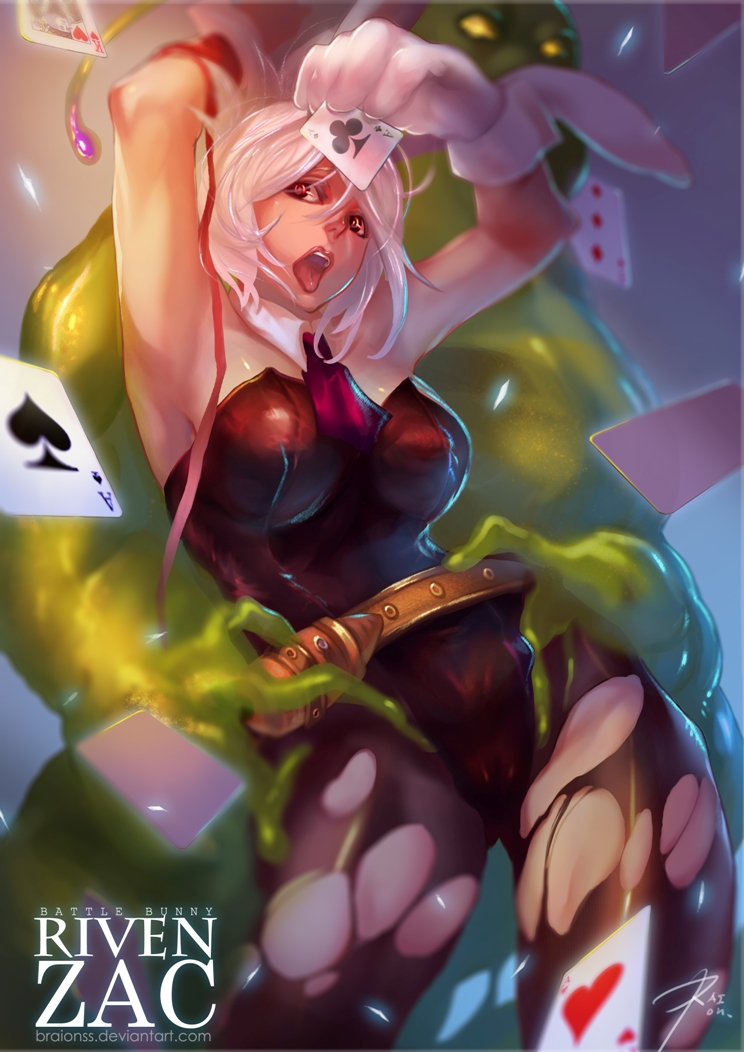 1girl, arms_up, battle_bunny_riven, card, gloves, league_of_legends, open_mouth, pantyhose, playboy_bunny, playing_card, raion_(soraelf), riven_(league_of_legends), short_hair, slime_(substance), torn_clothes, torn_legwear, waist_grab, white_hair, zac_(league_of_legends)