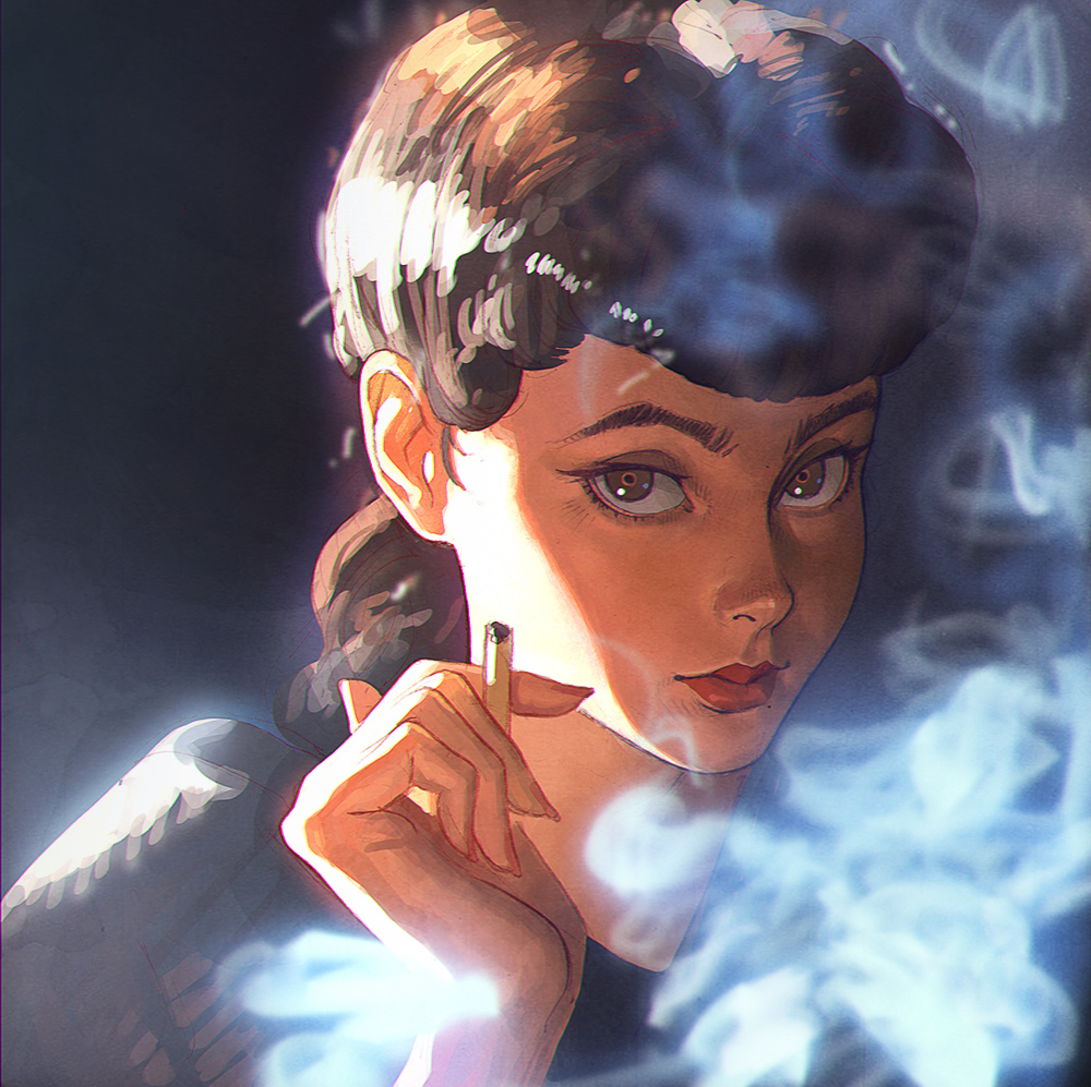1girl, between_fingers, blade_runner_(series), blade_runner_(1982_movie), brown_eyes, brown_hair, cigarette, derivative_work, female_focus, holding, holding_cigarette, ilya_kuvshinov, indoors, lips, long_hair, looking_at_viewer, md5_mismatch, portrait, rachel_(blade_runner), replicant, smoke, solo, upper_body
