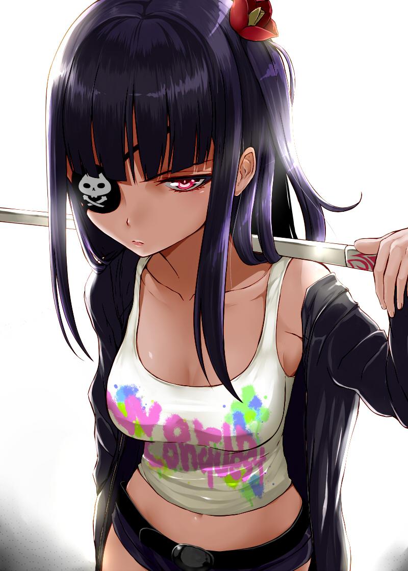 10s, 1girl, alternate_costume, bare_shoulders, belt, black_hair, clothes_writing, eyepatch, female_focus, flower, hair_flower, hair_ornament, jacket, long_hair, midriff, navel, off_shoulder, red_eyes, sekai_seifuku:_bouryaku_no_zvezda, shikabane_itsuka, shorts, simon_(n.s_craft), solo, sword, tank_top, weapon