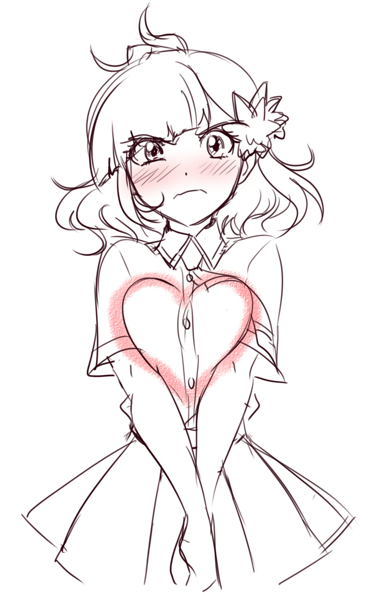 1girl, blush, borrowed_character, breasts, breasts_squeezed_together, commentary, female_focus, flower