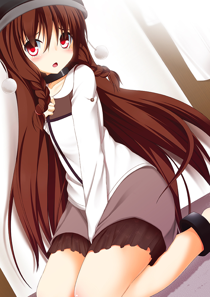1girl, braid, brown_hair, collar, female_focus, hat, long_hair, original