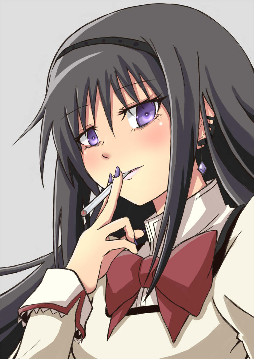 10s, 1girl, akemi_homura, black_hair, bow, cigarette, ear_piercing, earrings