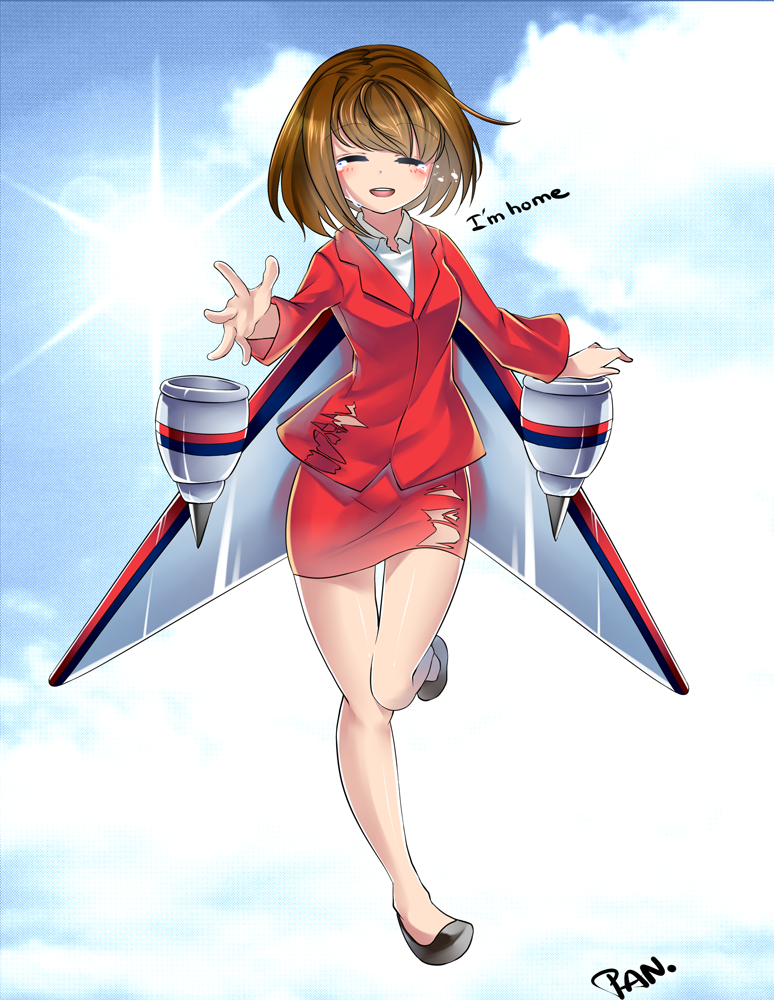 1girl, :d, ^_^, airasia, breasts, brown_hair, closed_eyes, cloud, commentary, crying, english_text, female_focus, flight_attendant, flying, formal_clothes, happy, happy_tears, jacket, kashi_kosugi, leg_lift, lens_flare, malaysia, malaysia_airlines, malaysia_airlines_flight_370, mecha_musume, open_mouth, original, outdoors, outstretched_hand, pencil_skirt, personification, shiny_skin, shirt, shoes, short_hair, signature, skirt, skirt_suit, sky, small_breasts, smile, solo, suit, sun, tears, thigh_gap, torn_clothes, torn_skirt, travel_attendant, wings