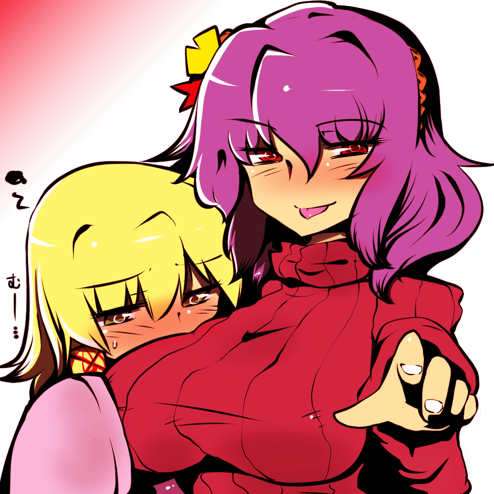 2girls, alternate_costume, bad_id, bad_pixiv_id, blonde_hair, blush, breasts, flustered, hair_between_eyes, hair_ornament, hair_tubes, hairband, hand_on_another's_chest, large_breasts, long_sleeves, looking_at_another, looking_at_viewer, moriya_suwako, multiple_girls, nekokokazuma, pointing, pointing_at_viewer, purple_hair, red_eyes, ribbed_sweater, short_hair, simple_background, straight_hair, sweater, tongue, tongue_out, touhou, turtleneck, wavy_hair, yasaka_kanako, yellow_eyes
