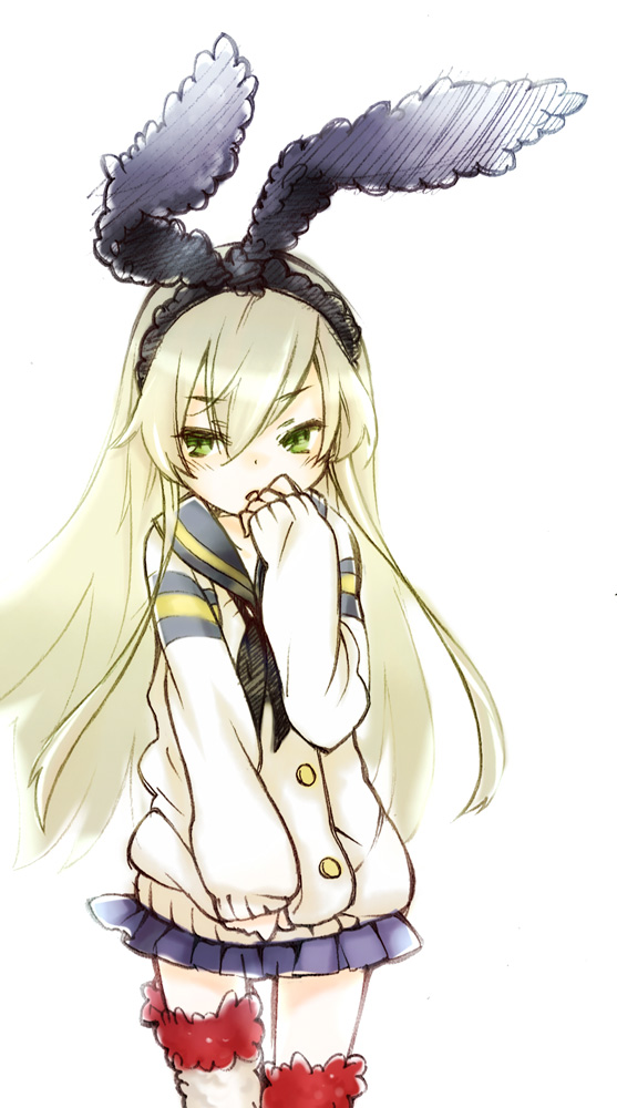 10s, 1girl, alba_(ep), animal_ears, blonde_hair, cardigan, fake_animal_ears, female_focus, green_eyes, hand_to_own_mouth, kantai_collection, long_hair, long_sleeves, pleated_skirt, rabbit_ears, shimakaze_(kancolle), simple_background, sketch, skirt, sleeves_past_wrists, solo, striped_clothes, striped_thighhighs, sweater, thighhighs, white_background