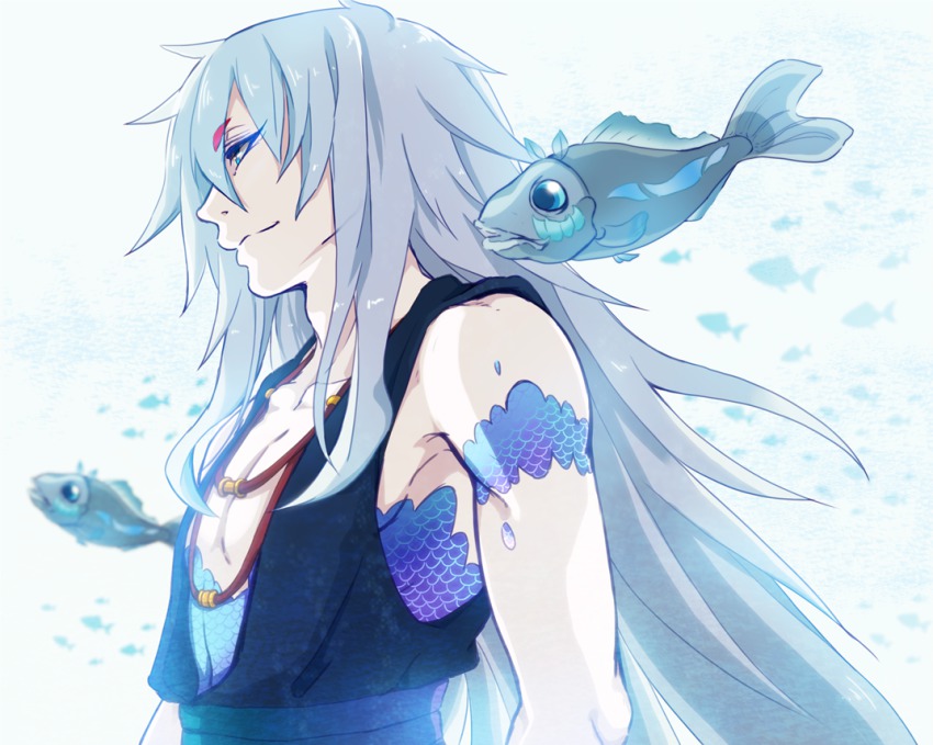10s, 1boy, blue_eyes, fish, hair_between_eyes, long_hair, maeba_izumi, male_focus, nagi_no_asukara, scales, silver_hair, simple_background, uroko-sama, uroko_(nagi_no_asukara), white_background