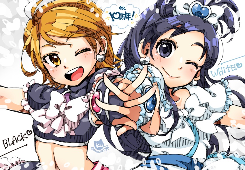 00s, 2girls, aihara_sakura, arm_warmers, black_gloves, black_shirt, black_skirt, blue_eyes, blue_hair, blush, brown_eyes, brown_hair, character_name, cure_black, cure_white, detached_sleeves, dress, earrings, english_text, eyelashes, fingerless_gloves, futari_wa_precure, gloves, hair_ornament, hair_ribbon, half_updo, holding_hands, happy, heart, heart_hair_ornament, jewelry, long_hair, looking_at_viewer, magical_girl, midriff, misumi_nagisa, multiple_girls, one_eye_closed, open_mouth, precure, ribbon, shirt, short_hair, skirt, smile, source_request, standing, translation_request, white_background, white_dress, white_gloves, wink, yukishiro_honoka