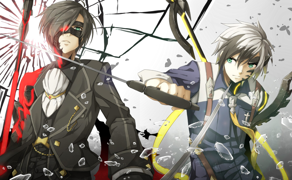 2boys, aiguillette, ascot, black_hair, formal_clothes, fumio_(kanmi), gradient_background, green_eyes