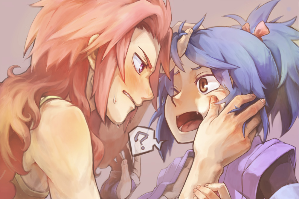 00s, 1boy, 1girl, :o, ?, blue_hair, brown_eyes, danparinn