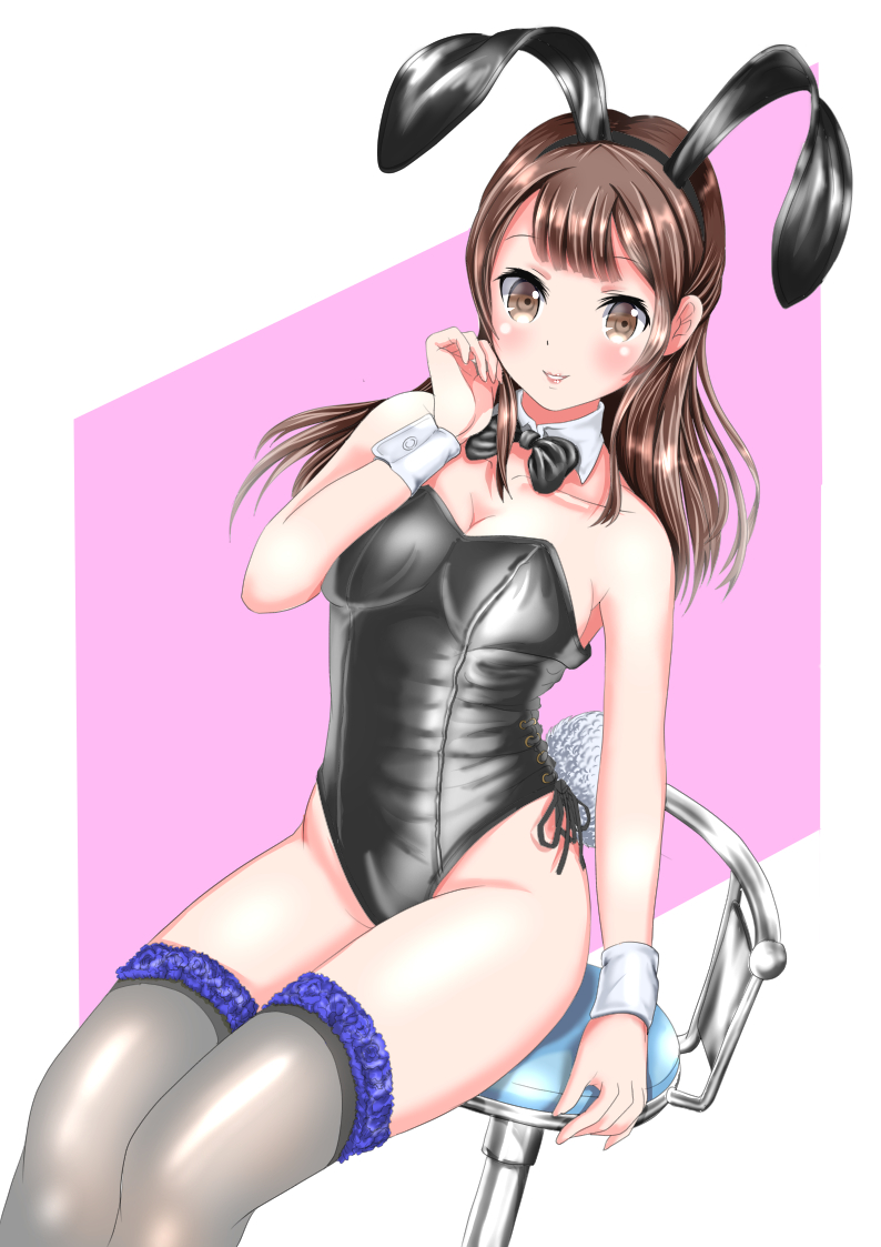 1girl, animal_ears, bow, bowtie, brown_eyes, brown_hair, detached_collar, fake_animal_ears