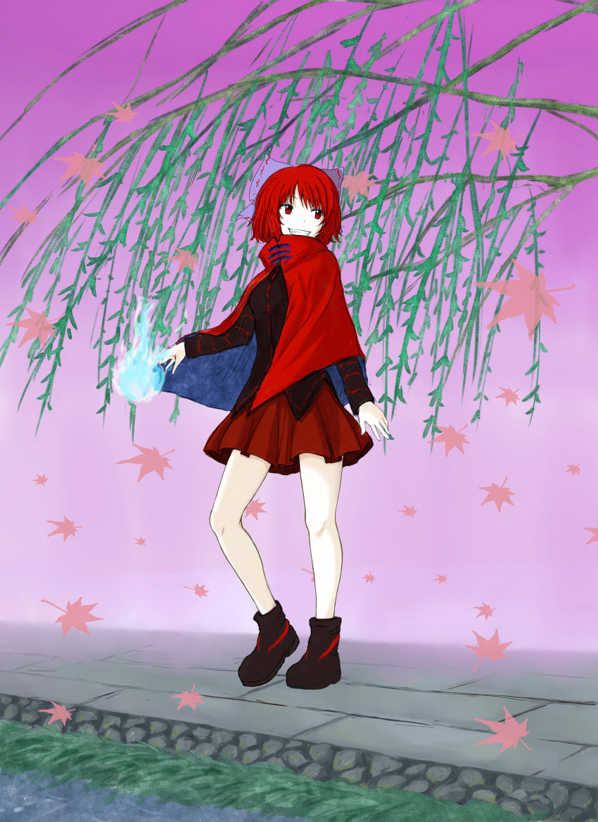 1girl, absurdres, bare_legs, bow, branch, capelet, divine_spirit_(touhou), grin