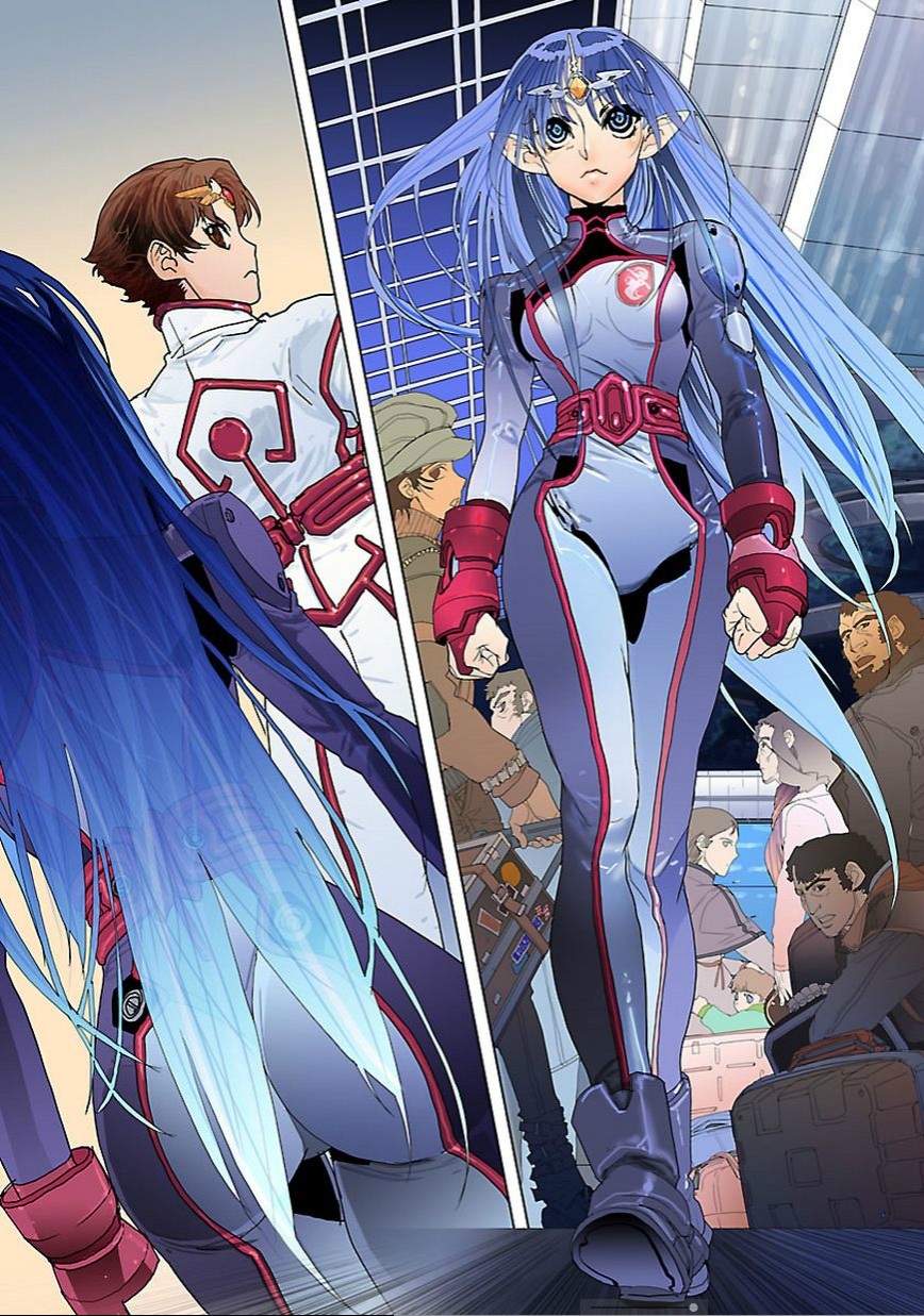 2girls, 6+boys, ass, blue_hair, breasts, brown_hair, crest, frown, highres, jinto, lafiel, long_hair, multiple_boys, multiple_girls, pointy_ears, robe, seikai_no_senki, short_hair, skin_tight, white_robe, yonezawa_kouichirou