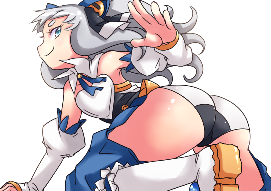 1girl, animal_ears, aqua_eyes, arc_system_works, ass, bare_shoulders, bell, cat_ears