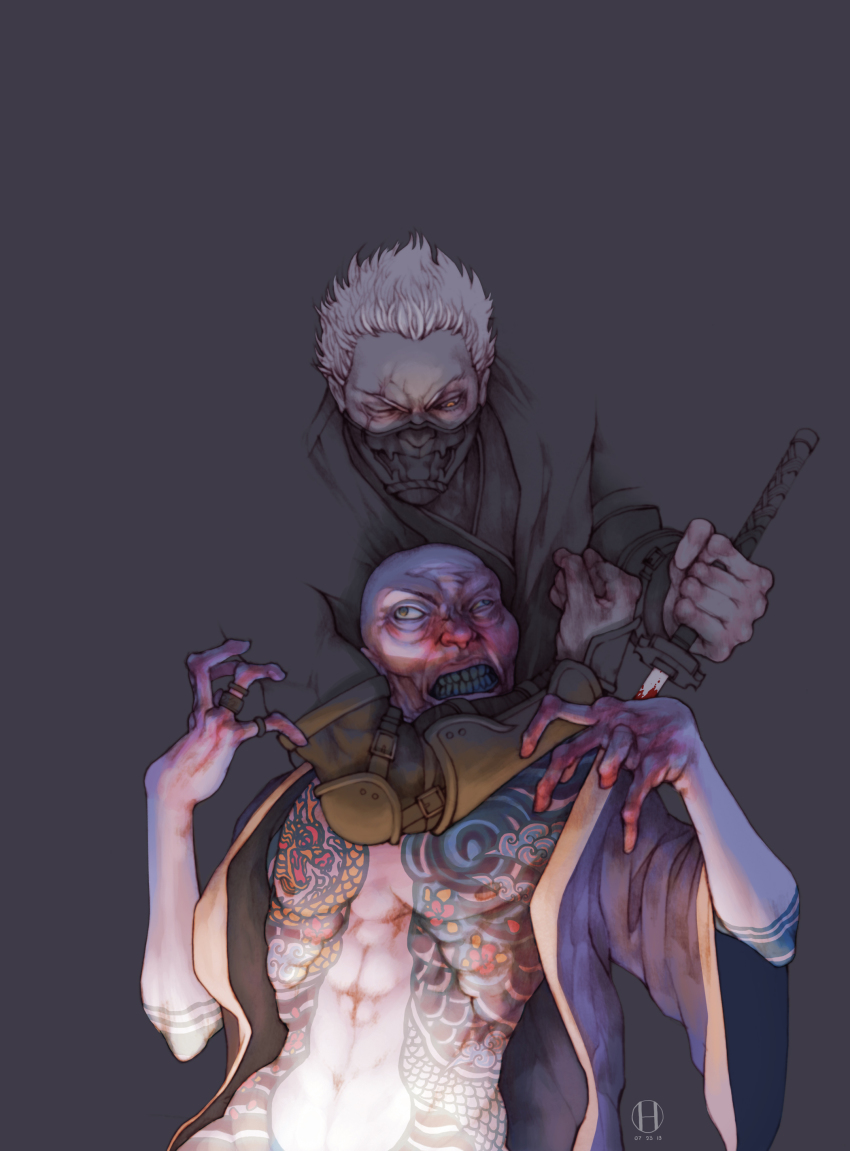 2boys, absurdres, bald, blood, bloody_weapon, camouflage, choke_hold, dated, death, elbow_pads, gido_(hinchel_or), grey_background, half_mask, highres, male_focus, mask, mouth_mask, multiple_boys, ninja, ninjatou, one-eyed, reverse_grip, rikimaru, scar, short_sword, strangling, sword, tattoo, tenchu, tenchuu, vambraces, weapon, white_hair, yakuza