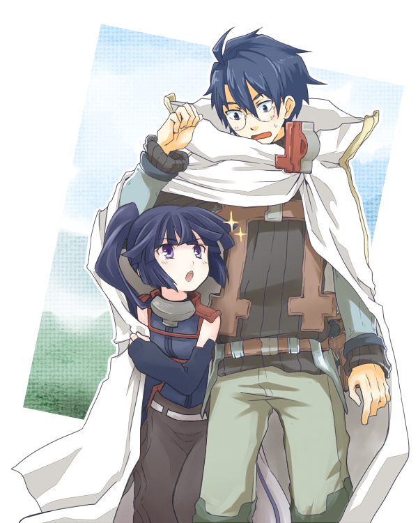 10s, 1boy, 1girl, aino_yumeri, akatsuki_(log_horizon), blue_hair, blush, book