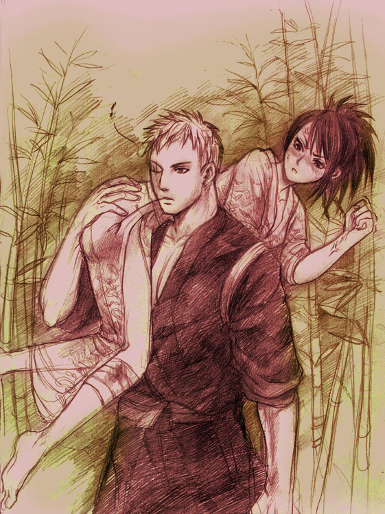 1boy, 1girl, anger_vein, ass, ass_grab, ayame, ayame_(tenchuu), bandages