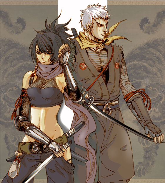 1boy, 1girl, ayame, ayame_(tenchuu), bare_shoulders, black_hair, clothing_cutout, crop_top