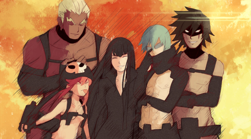 10s, :p, blue_hair, chest_harness, gamagoori_ira, glasses, harness, hat, inumuta_houka, jakuzure_nonon, kill_la_kill, kiryuuin_satsuki, long_hair, mask, multiple_boys, multiple_girls, nudist_beach_uniform, petit, pink_hair, sanageyama_uzu, smile, spoilers, tongue, tongue_out