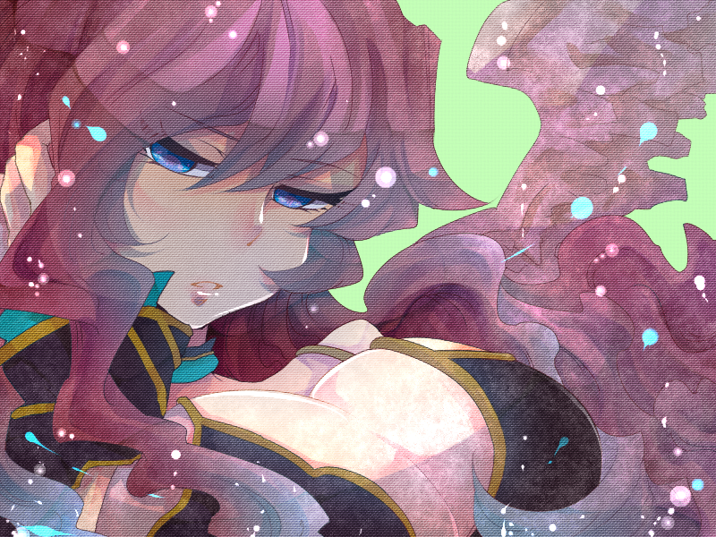 1girl, angel_wings, archangel_metatron_(p&amp;d), blue_eyes, breasts, cleavage, female_focus, green_background