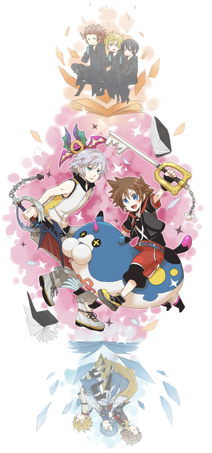 2girls, 6+boys, alternate_hairstyle, aqua_(kingdom_hearts), armor, axel, belt, black_coat_(kingdom_hearts)