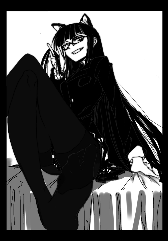 1girl, enoki-kou, feet, female_protagonist_(houkago_play), glasses, greyscale, grin, houkago_play