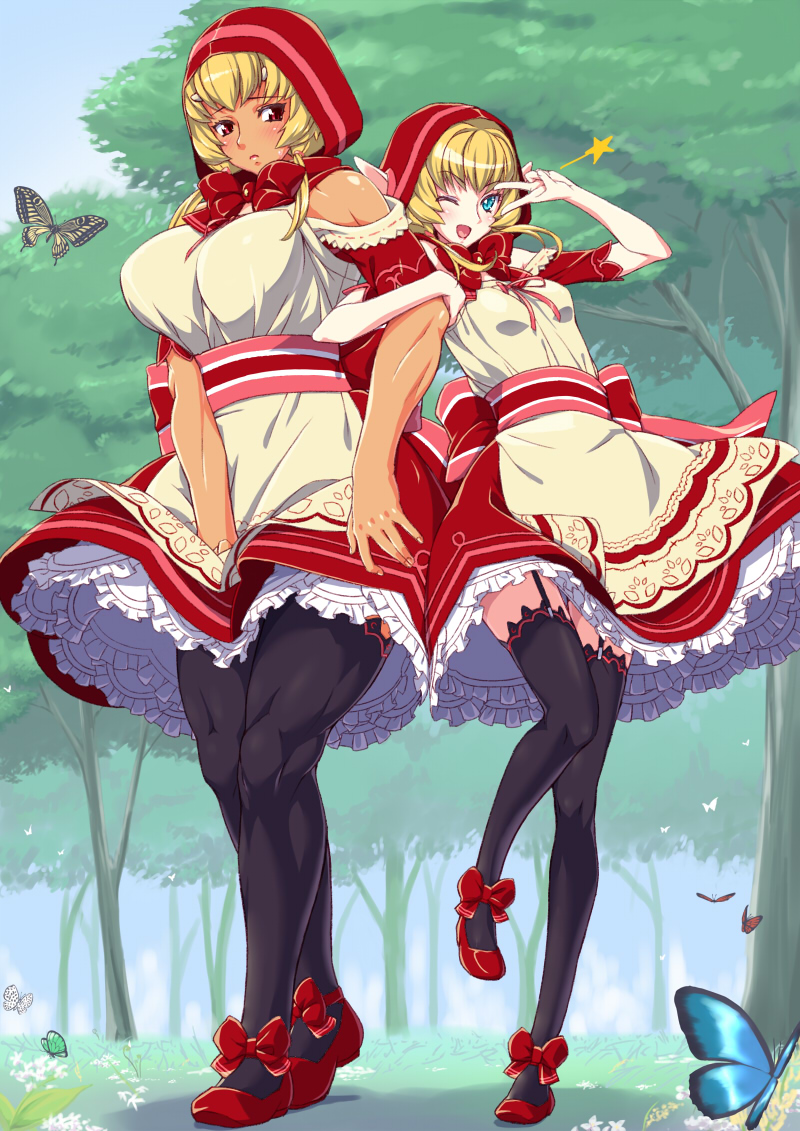 2girls, apron, arm_hug, basket, black_legwear, blonde_hair, blue_eyes, blush, bow, breasts, brown_eyes, bug, butterfly, cosplay, dark-skinned_female, dark_skin, dress, dress_tug, forest, garter_straps, hood, huge_breasts, insect, little_red_riding_hood_(fairy_tale), little_red_riding_hood_(fairy_tale_character)_(cosplay), little_red_riding_hood_(fairy_tale_character), long_hair, master_of_epic, mikuru_beam, multiple_girls, muscular, muscular_female, nature, one_eye_closed, open_mouth, outdoors, petticoat, red_dress, ribbon, senzoc, shoes, side-by-side, smile, standing, thighhighs, wink
