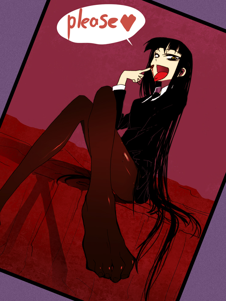 1girl, black_hair, crossed_legs, dutch_angle, enoki-kou, feet, female_focus, female_protagonist_(houkago_play), houkago_play, long_hair, no_shoes, open_mouth, pantyhose, photo_(object), school_uniform, sexually_suggestive, sitting, solo, toes, tongue, tongue_out, very_long_hair, yellow_eyes