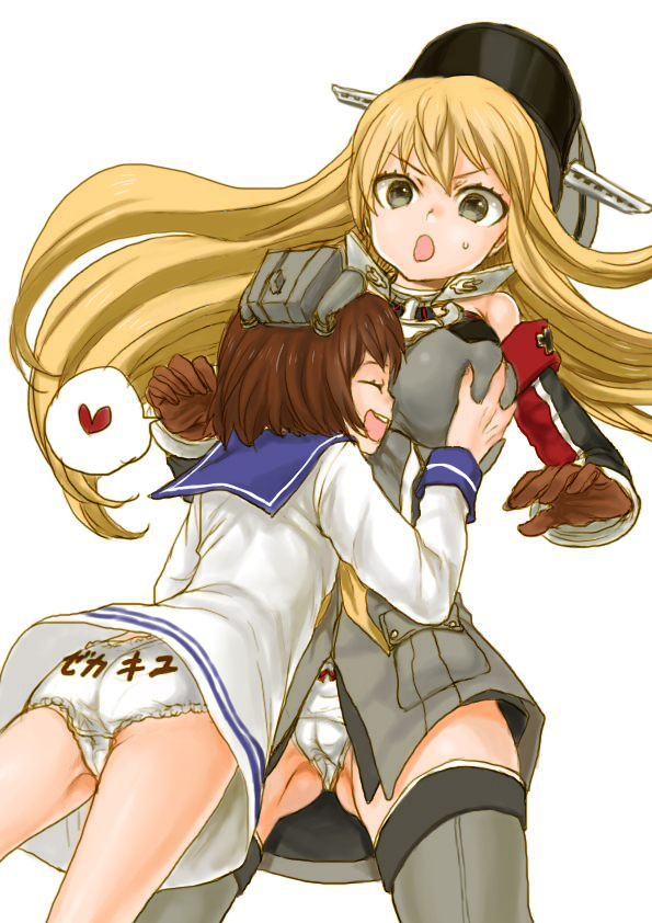 10s, 2girls, :o, ass, between_breasts, bismarck_(kancolle), bismarck_kai_(kancolle), blonde_hair