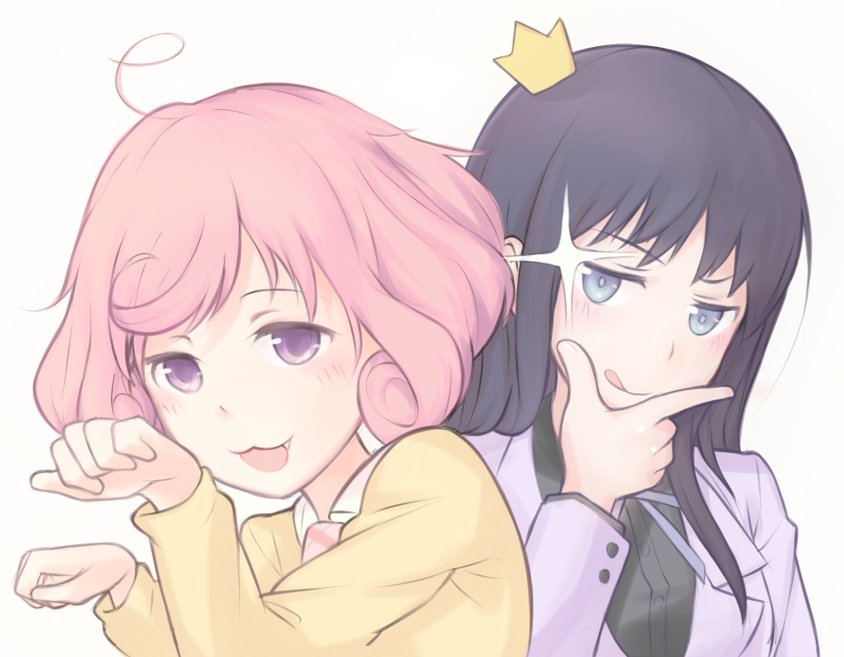 10s, 2girls, :3, ahoge, black_hair, blue_eyes, crown, iki_hiyori