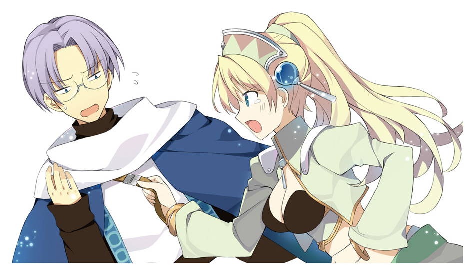 1boy, 1girl, akisoba, atelier_(series), atelier_marie, blonde_hair, blue_eyes, bracelet, breasts, cleavage, flying_sweatdrops, glasses, hair_ornament, holding, jewelry, kreis_kuhl, long_hair, marlone, midriff, open_mouth, ponytail, profile, purple_hair, rimless_eyewear, short_hair, simple_background, tears, white_background