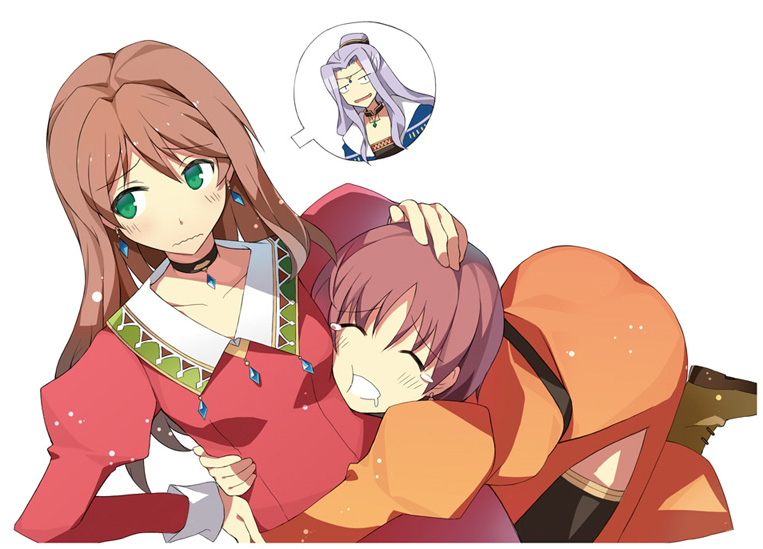 3girls, akisoba, atelier_(series), atelier_elie, blush, brown_hair, choker, closed_eyes