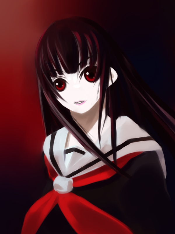 00s, 1girl, bad_id, bad_pixiv_id, black_hair, black_serafuku, blunt_bangs, enma_ai, female_focus, hime_cut, jigoku_shoujo, kaz_(pixiv61454), long_hair, red_eyes, school_uniform, serafuku, solo, yuuzuki_(natsulain)
