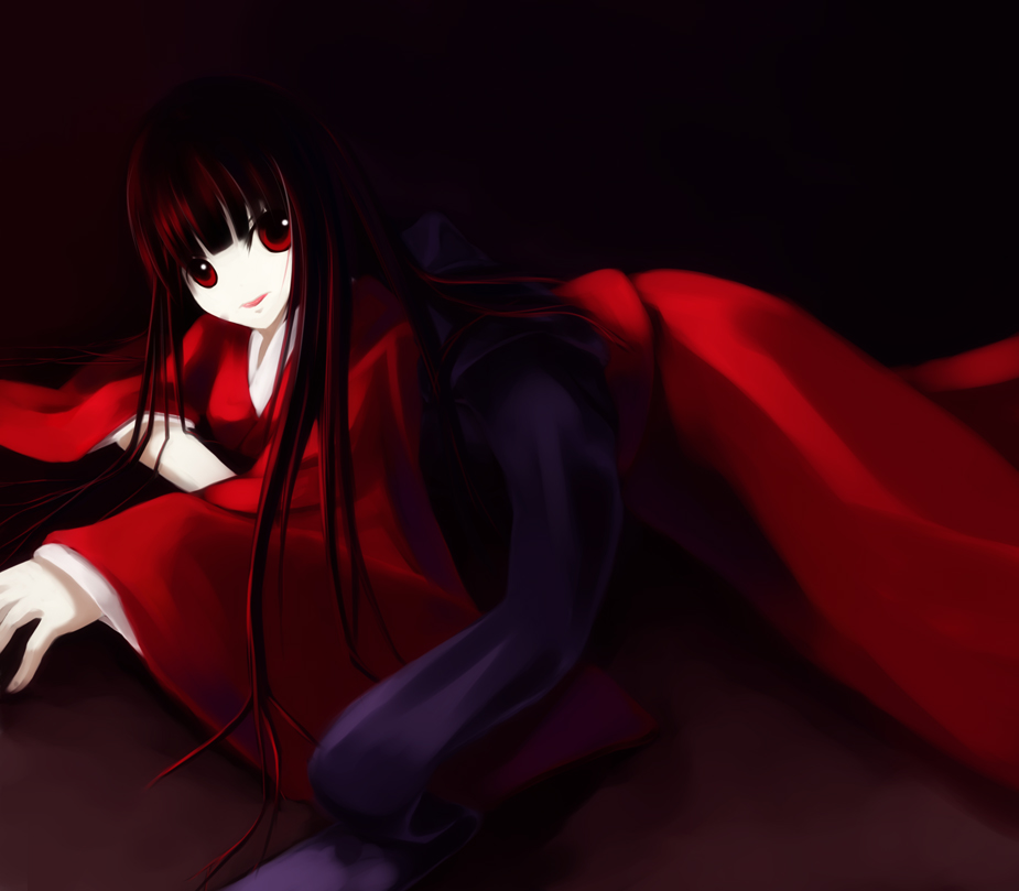 00s, 1girl, black_hair, blunt_bangs, enma_ai, female_focus, hime_cut, japanese_clothes, jigoku_shoujo, kaz_(pixiv61454), kimono, long_hair, red_eyes, solo, yuuzuki_(natsulain)