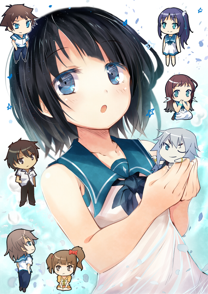 10s, 4boys, 4girls, :o, alternate_costume, aqua_eyes, black_eyes, black_hair
