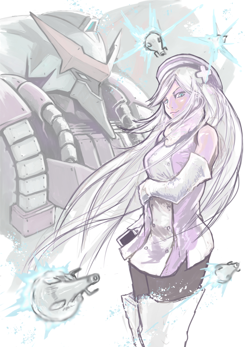 10s, 1girl, aila_jyrkiainen, beret, blue_eyes, dress, elbow_gloves, funnels_(gundam)