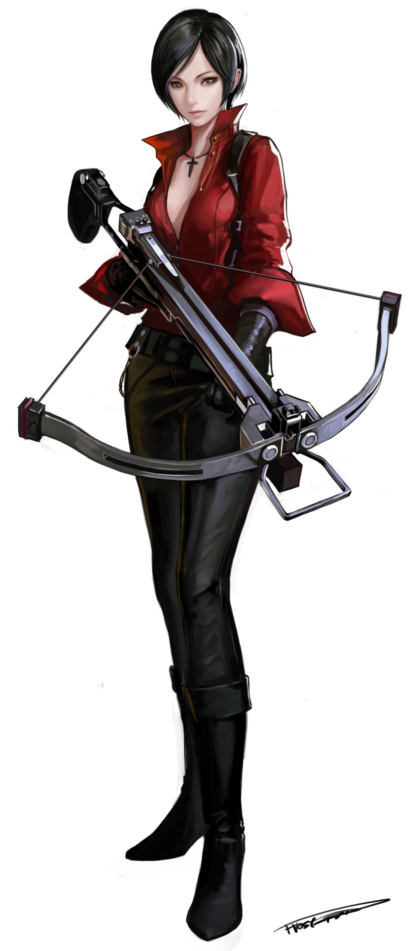 1girl, absurdres, ada_wong, black_eyes, black_gloves, black_hair, boots, bow_(weapon)