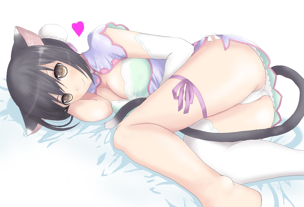 10s, 1girl, animal_ears, ass, bad_id, bad_pixiv_id, black_hair, breasts, brown_eyes, cat_ears, cleavage, duko, female_focus, gloves, heart, legs, lying, on_side, panties, shaomei_rin, shining_(series), shining_hearts, single_thighhigh, solo, tail, thighhighs, thighs, underwear